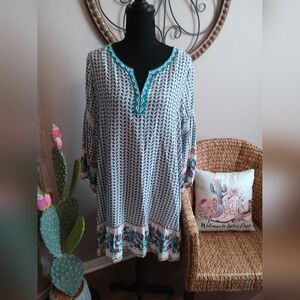 Umgee White Tunic/Dress with Teal Trim & Blue Print